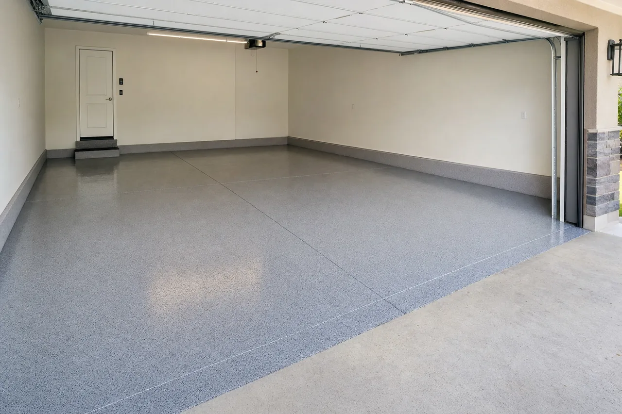 A concrete garage slab with fine hairline cracks in raking light — epoxy floors, Toowoomba. Illustrative example.