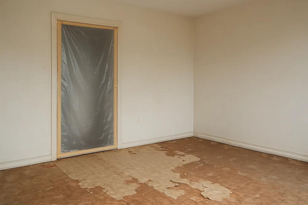 A doorway sealed with plastic sheeting and masking tape with an empty room and worn vinyl behind — lifting old vinyl floors, Toowoomba. Illustrative example.